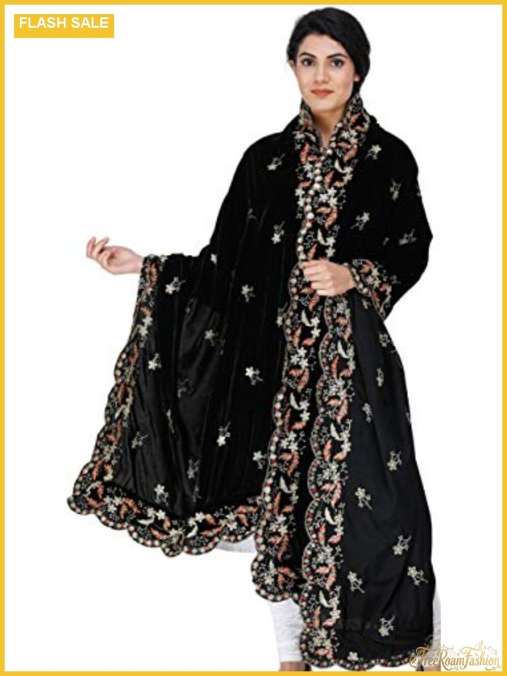 Velvet Dupatta with Embroidered Flowers & Sequins Ethnic Wrap Stole